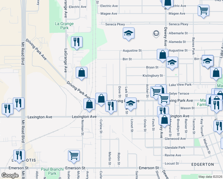 map of restaurants, bars, coffee shops, grocery stores, and more near 130 Bidwell Terrace in Rochester