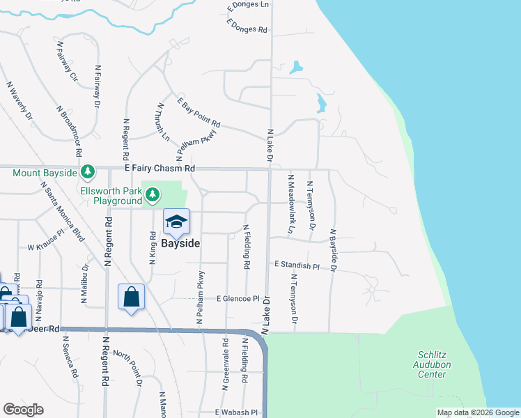 map of restaurants, bars, coffee shops, grocery stores, and more near 9093 North Lake Drive in Bayside
