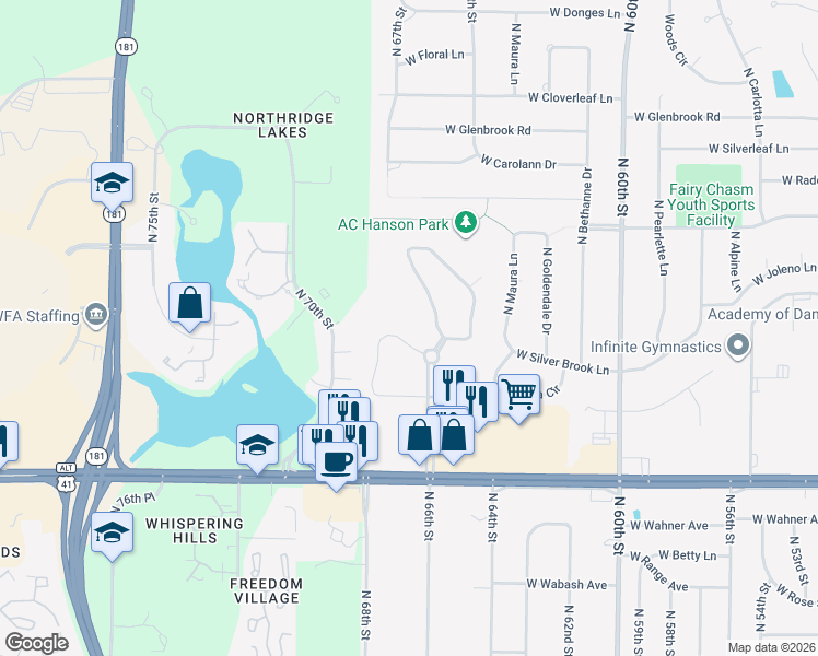 map of restaurants, bars, coffee shops, grocery stores, and more near 9011 North Park Plaza Court in Brown Deer