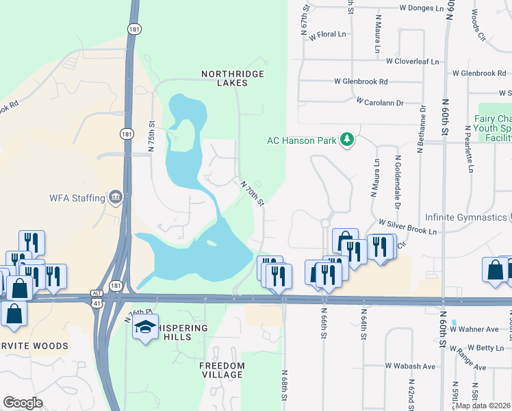 map of restaurants, bars, coffee shops, grocery stores, and more near 8907 North 70th Street in Milwaukee