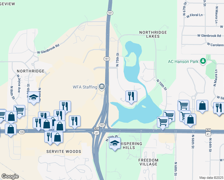 map of restaurants, bars, coffee shops, grocery stores, and more near 9001 North 75th Street in Milwaukee