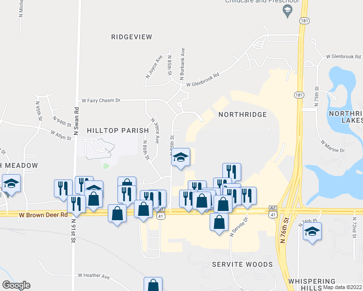 map of restaurants, bars, coffee shops, grocery stores, and more near 9040 North 85th Street in Milwaukee