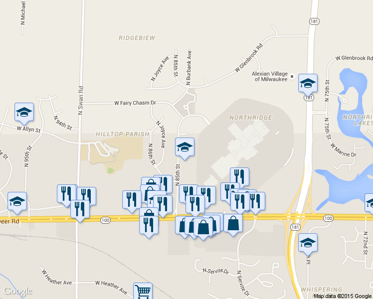 map of restaurants, bars, coffee shops, grocery stores, and more near 9040 North 85th Street in Milwaukee