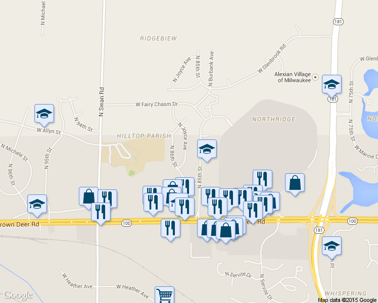 map of restaurants, bars, coffee shops, grocery stores, and more near 9047 North Joyce Avenue in Milwaukee