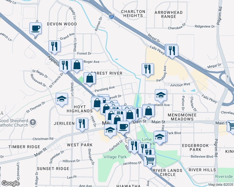 map of restaurants, bars, coffee shops, grocery stores, and more near N90W16716 Roosevelt Drive in Menomonee Falls