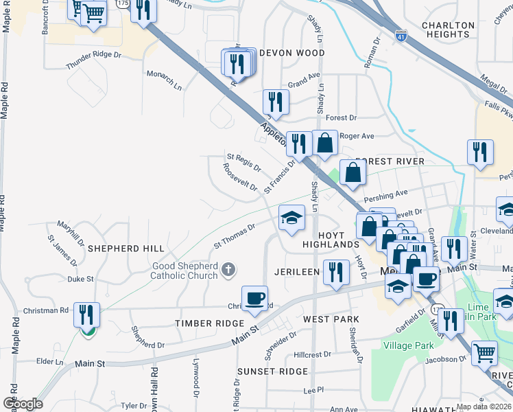 map of restaurants, bars, coffee shops, grocery stores, and more near N90W17421 Saint Francis Drive in Menomonee Falls
