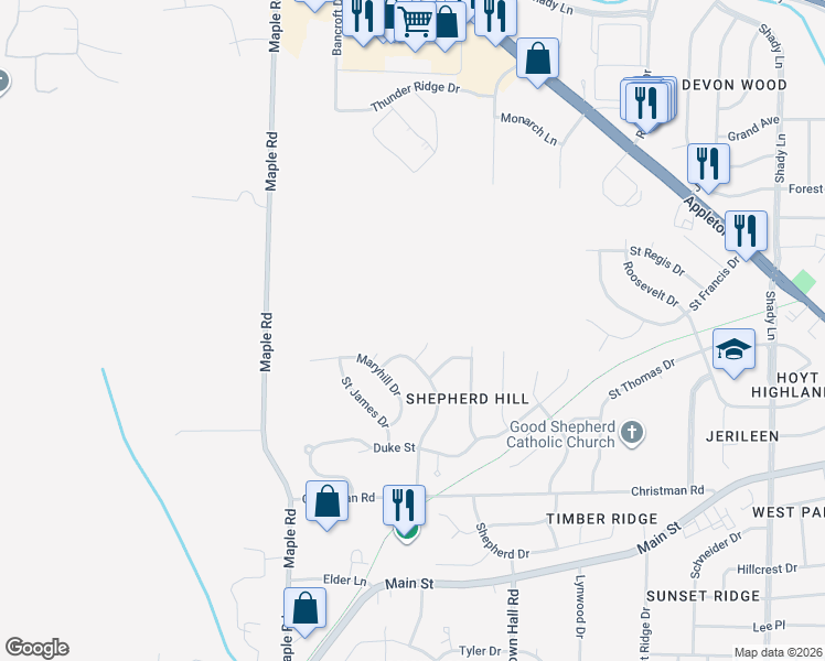 map of restaurants, bars, coffee shops, grocery stores, and more near W182N9039 Amy Lane in Menomonee Falls