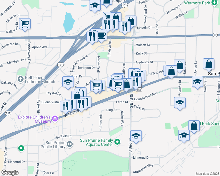 map of restaurants, bars, coffee shops, grocery stores, and more near 960 West Main Street in Sun Prairie