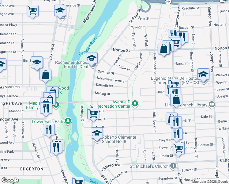 map of restaurants, bars, coffee shops, grocery stores, and more near 110 Malling Dr in Rochester