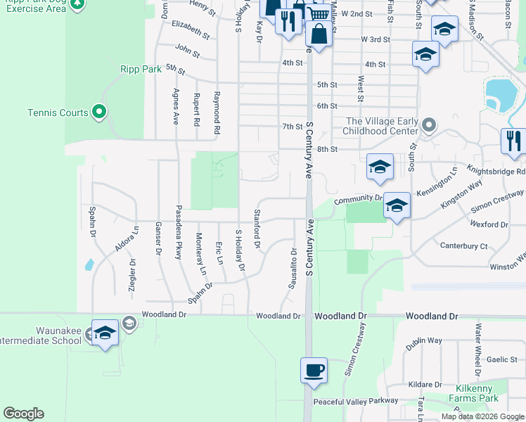 map of restaurants, bars, coffee shops, grocery stores, and more near 900 Stanford Drive in Waunakee