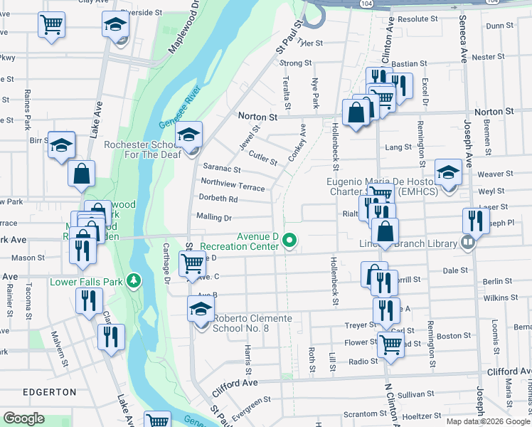 map of restaurants, bars, coffee shops, grocery stores, and more near 162 Malling Drive in Rochester
