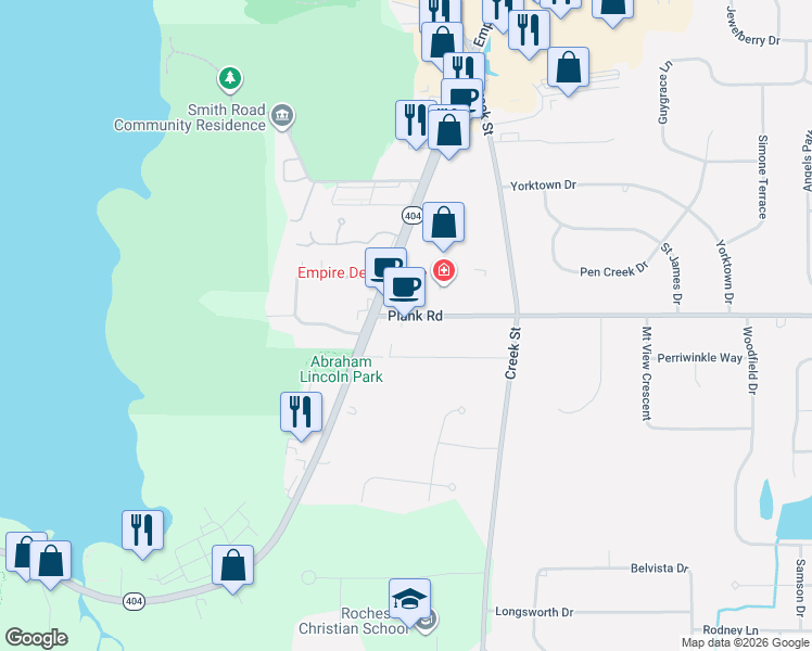 map of restaurants, bars, coffee shops, grocery stores, and more near 489 Plank Road in Webster
