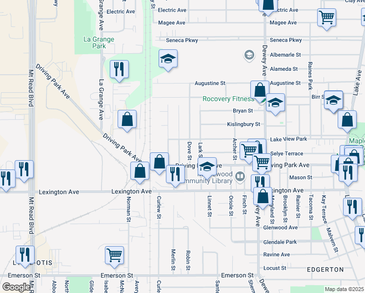map of restaurants, bars, coffee shops, grocery stores, and more near 130 Bidwell Terrace in Rochester