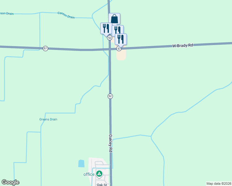 map of restaurants, bars, coffee shops, grocery stores, and more near 16363 Oakley Road in Chesaning