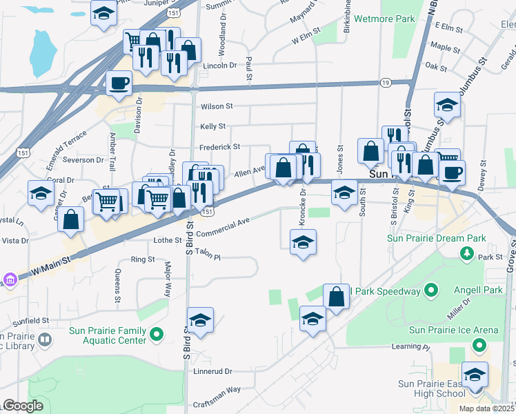 map of restaurants, bars, coffee shops, grocery stores, and more near 558 Commercial Avenue in Sun Prairie