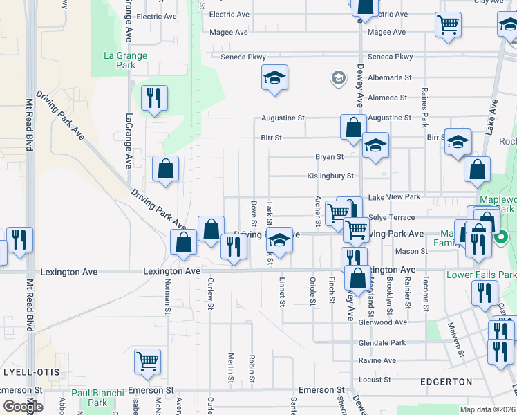 map of restaurants, bars, coffee shops, grocery stores, and more near 128 Lark Street in Rochester