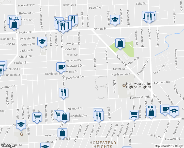 map of restaurants, bars, coffee shops, grocery stores, and more near 406 Northland Avenue in Rochester