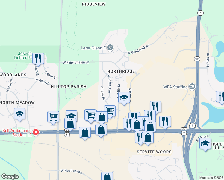 map of restaurants, bars, coffee shops, grocery stores, and more near 9058 North Joyce Avenue in Milwaukee
