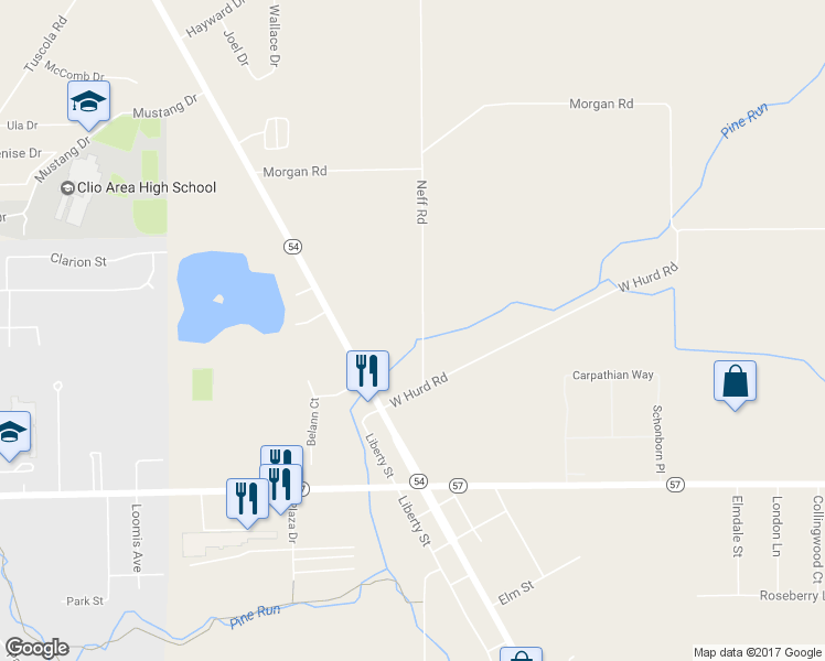map of restaurants, bars, coffee shops, grocery stores, and more near 12161 Neff Road in Clio