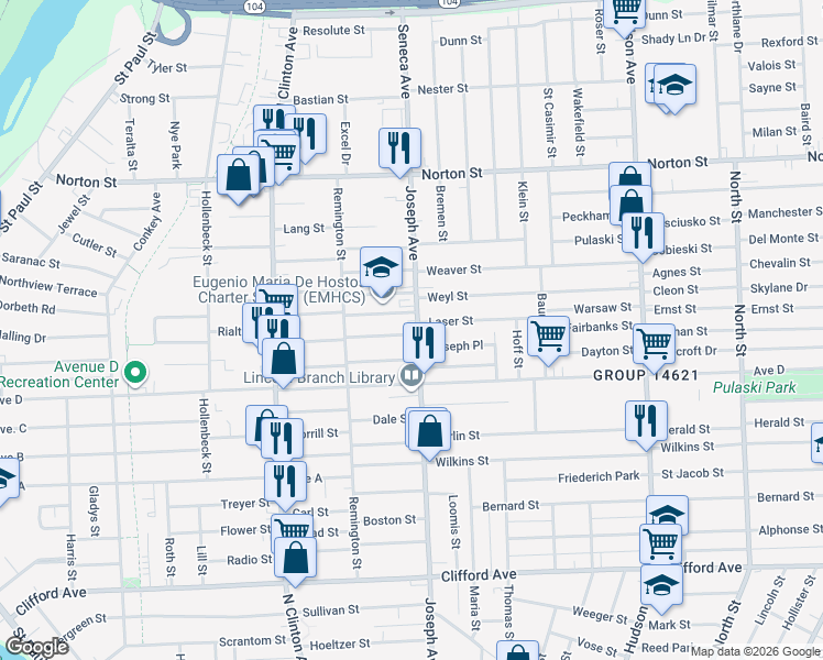 map of restaurants, bars, coffee shops, grocery stores, and more near 933 Joseph Avenue in Rochester