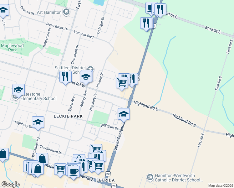 map of restaurants, bars, coffee shops, grocery stores, and more near 131 Upper Centennial Parkway in Hamilton