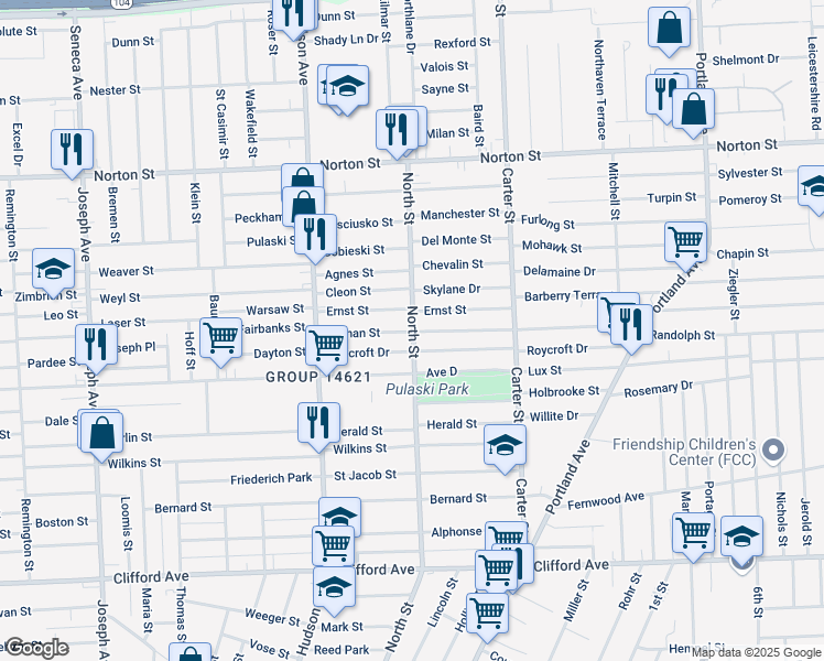 map of restaurants, bars, coffee shops, grocery stores, and more near 122 Durnan Street in Rochester