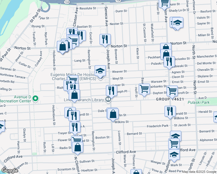 map of restaurants, bars, coffee shops, grocery stores, and more near 933 Joseph Avenue in Rochester
