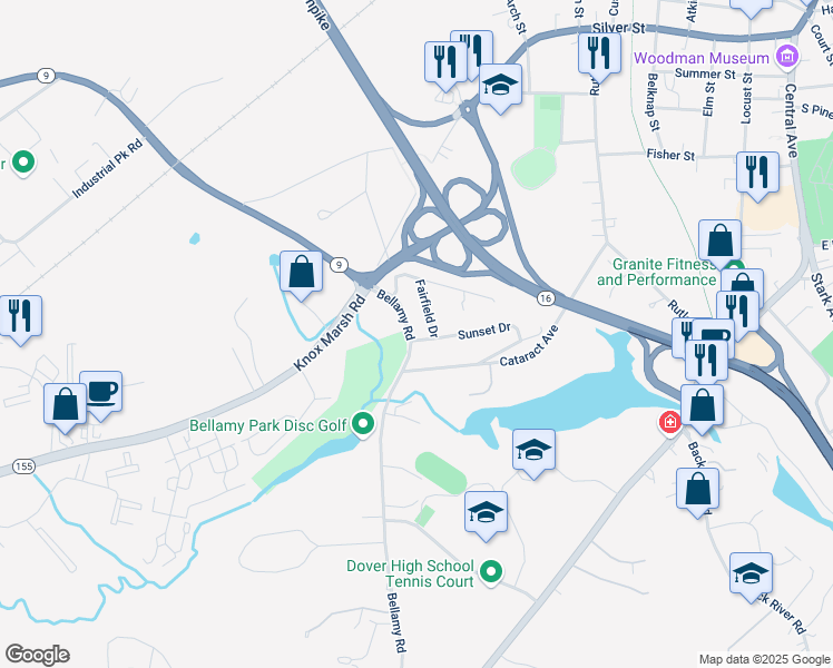 map of restaurants, bars, coffee shops, grocery stores, and more near 22 Bellamy Road in Dover