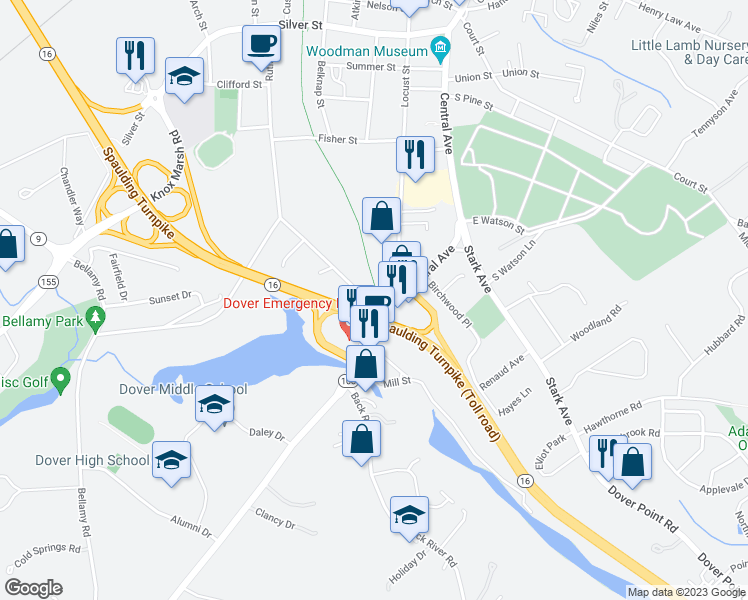 map of restaurants, bars, coffee shops, grocery stores, and more near 118 Rutland Street in Dover