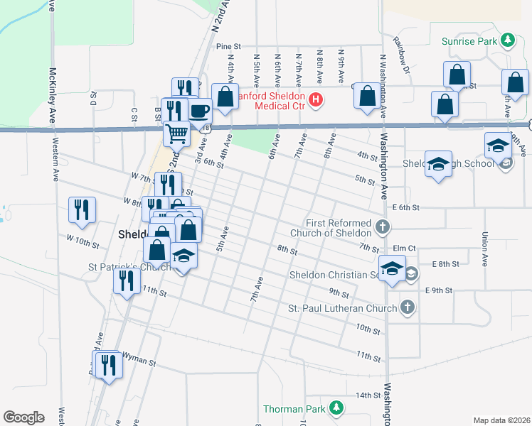 map of restaurants, bars, coffee shops, grocery stores, and more near 701-799 6th Avenue in Sheldon