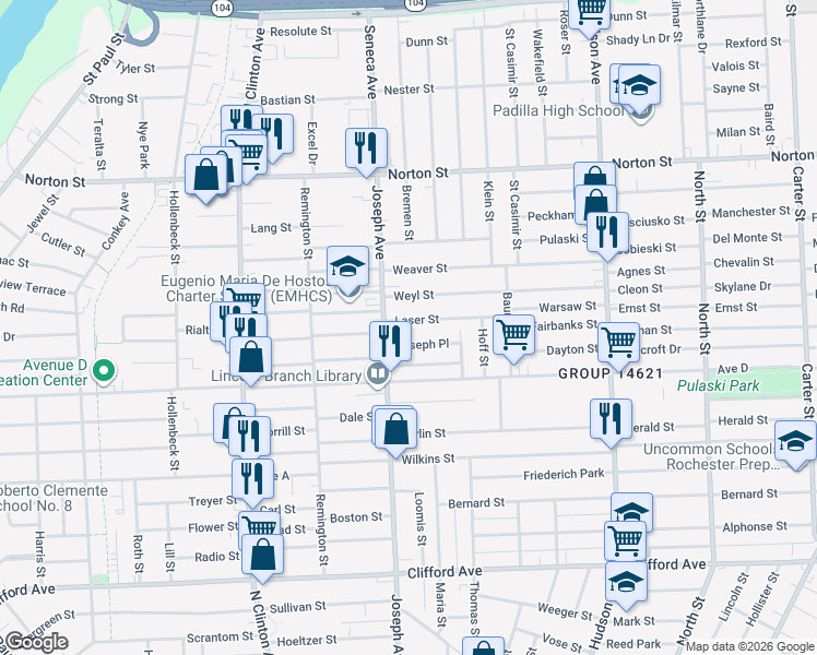 map of restaurants, bars, coffee shops, grocery stores, and more near 36 Joseph Place in Rochester