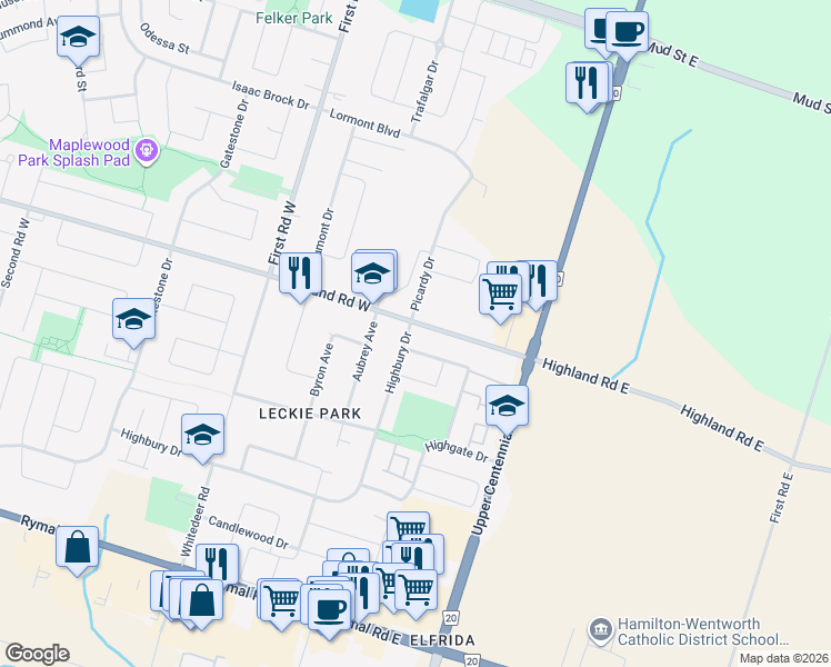 map of restaurants, bars, coffee shops, grocery stores, and more near 1 Highbury Drive in Hamilton