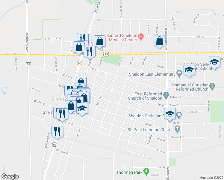 map of restaurants, bars, coffee shops, grocery stores, and more near 701 6th Avenue in Sheldon