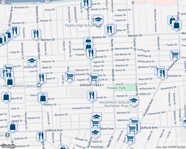map of restaurants, bars, coffee shops, grocery stores, and more near 934 Hudson Avenue in Rochester