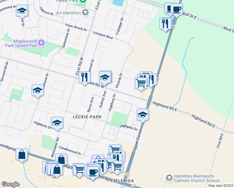 map of restaurants, bars, coffee shops, grocery stores, and more near 1 Highbury Drive in Hamilton