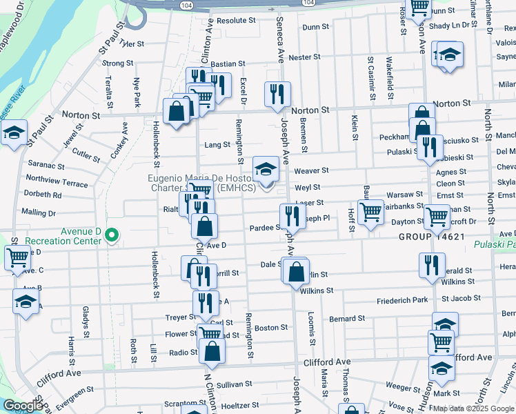 map of restaurants, bars, coffee shops, grocery stores, and more near 32 Farbridge Street in Rochester