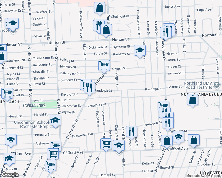 map of restaurants, bars, coffee shops, grocery stores, and more near 100 Randolph Street in Rochester