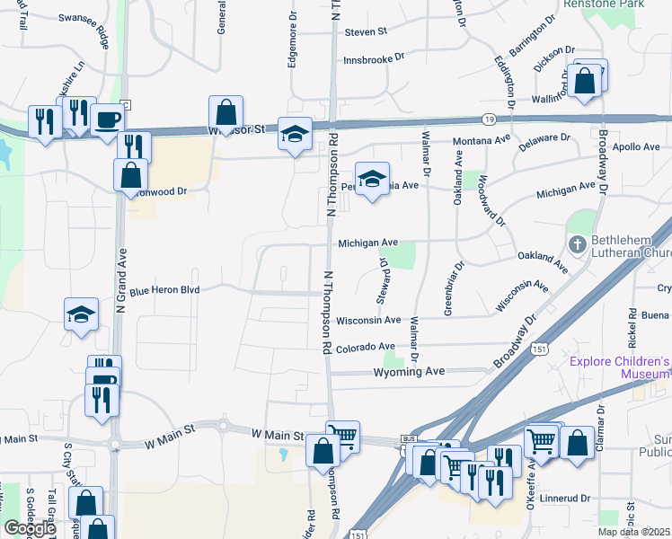 map of restaurants, bars, coffee shops, grocery stores, and more near 217 North Thompson Road in Sun Prairie