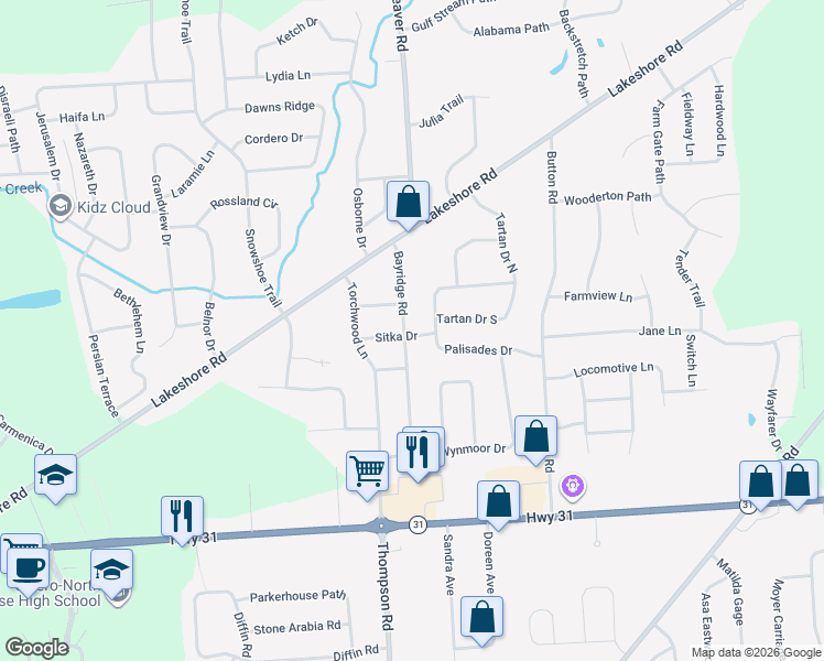 map of restaurants, bars, coffee shops, grocery stores, and more near 6165 Palisades Drive in Cicero