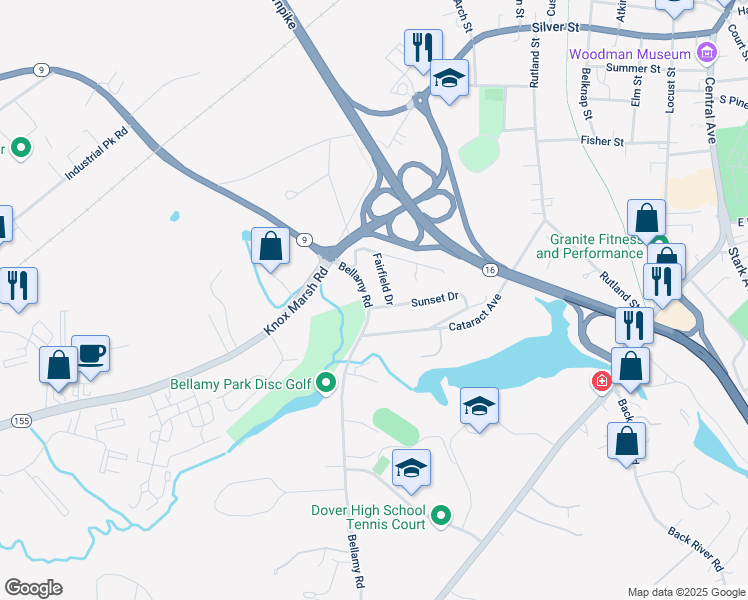 map of restaurants, bars, coffee shops, grocery stores, and more near 22 Bellamy Road in Dover