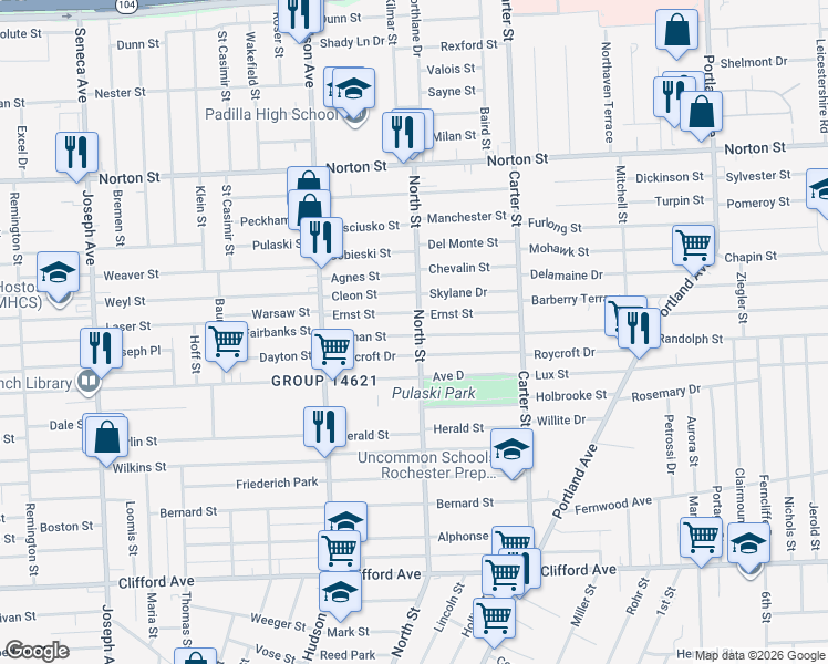 map of restaurants, bars, coffee shops, grocery stores, and more near 145 Durnan Street in Rochester