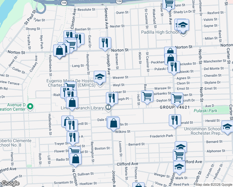 map of restaurants, bars, coffee shops, grocery stores, and more near 36 Joseph Place in Rochester