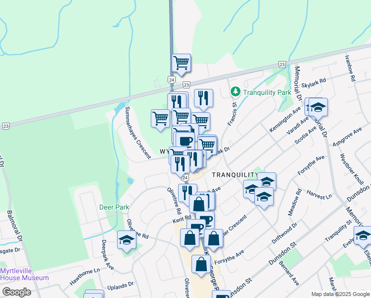 map of restaurants, bars, coffee shops, grocery stores, and more near in Brantford