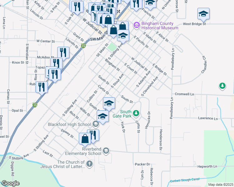 map of restaurants, bars, coffee shops, grocery stores, and more near 527 South Fisher Street in Blackfoot