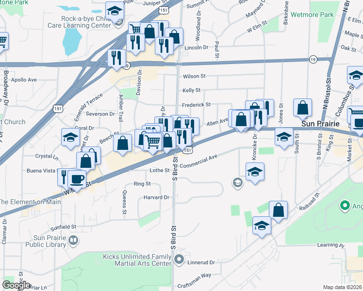 map of restaurants, bars, coffee shops, grocery stores, and more near 5 North Bird Street in Sun Prairie