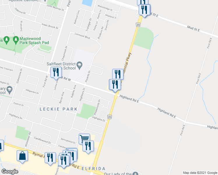 map of restaurants, bars, coffee shops, grocery stores, and more near 131 Upper Centennial Parkway in Hamilton