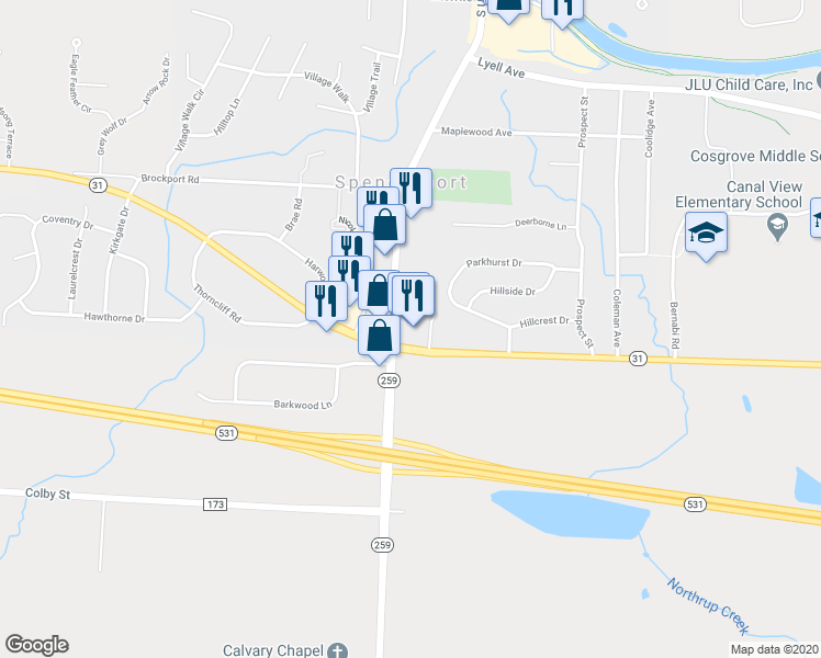 map of restaurants, bars, coffee shops, grocery stores, and more near 500 South Union Street in Spencerport