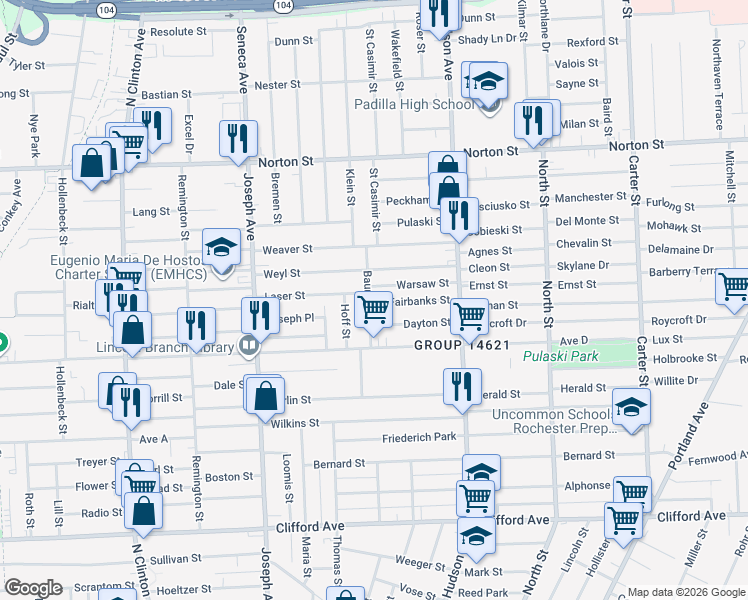 map of restaurants, bars, coffee shops, grocery stores, and more near 74 Baumann Street in Rochester