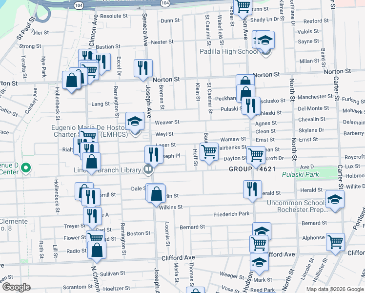 map of restaurants, bars, coffee shops, grocery stores, and more near 31 Laser Street in Rochester
