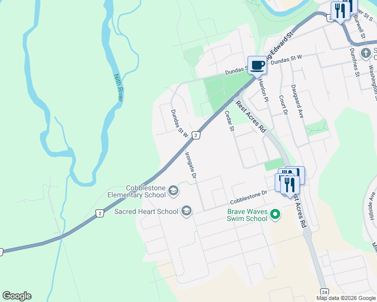 map of restaurants, bars, coffee shops, grocery stores, and more near 2 Irongate Drive in Brant